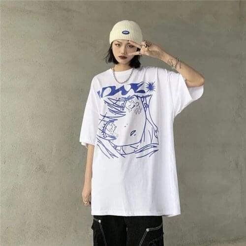 Summer High Street School White Black Printed Female Black Funny Loose Tops Women Female Girls Ladies Streetwear Cool Tops