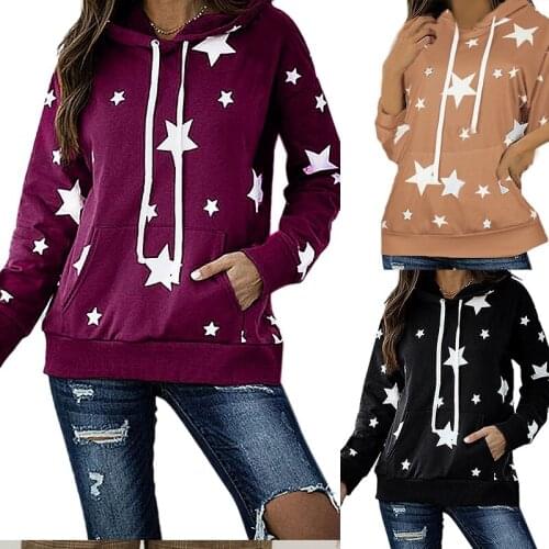 Womens Fashion Five-Pointed Star Printed Long Sleeve Hooded Loose Casual Sweater