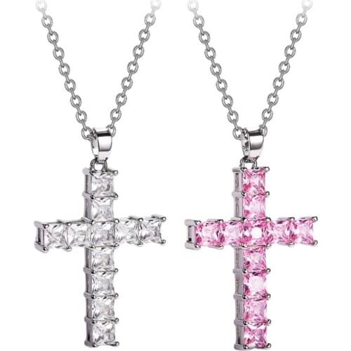 Female Cross Necklace Inlaid White/Pink/Gold Color Cubic Zirconia Fashionable Versatile Women Necklace for Party Jewelry