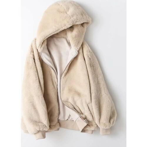 Za Womens Coat Teddy Jacket With Hoody Faux Fur Coat Winter Warm Outwear Zipper Coat Streetwear Thick Jacket Woman Solid Jacket