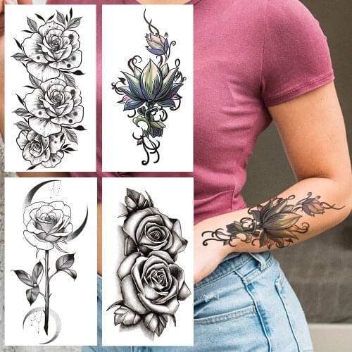 Gold Lotus Fake Temporary Tattoo For Women Girls Rose Flower Branch Tattoos Realistic Lily Peony Waterproof Tatoos Moon Arm Hand