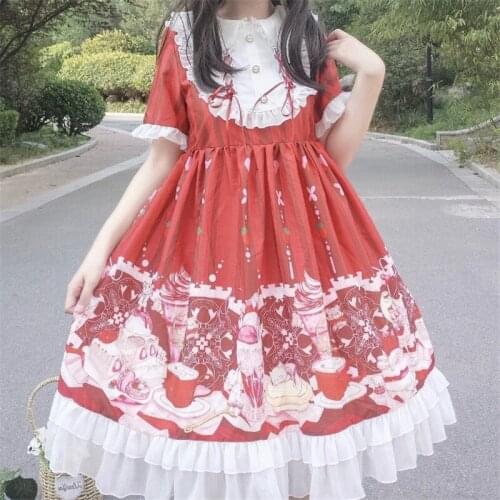 2021 Japanese Summer Women Lolita Princess Dress Peter Pan Collar Pink Red Cartoon Printed Dress Cute Kawaii Ruffles Party Dress