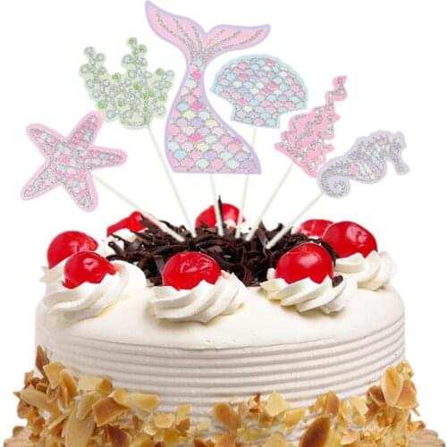 6pcs/set Ocean Cake Toppers Flags Cupcake Mermaid Cake Topper Kids Birthday Wedding Bridal Cake Wrapper Party Baking DIY Decor
