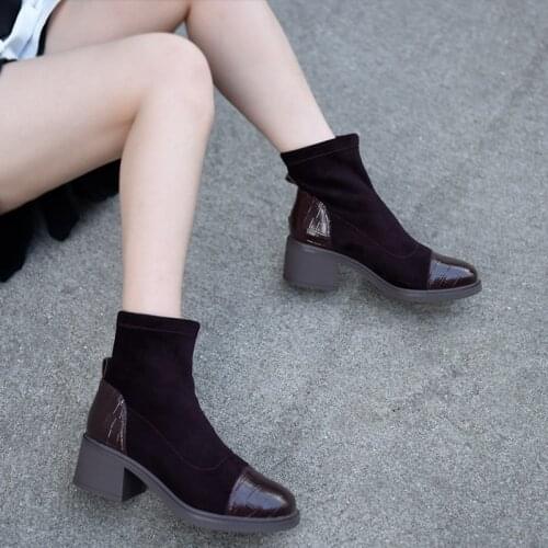 Artmu Fashion Elastic Boots Womens Ankle Boots Chunky Heels Socks Boots Artificial Leather Stitching Womens Boots 2020 New