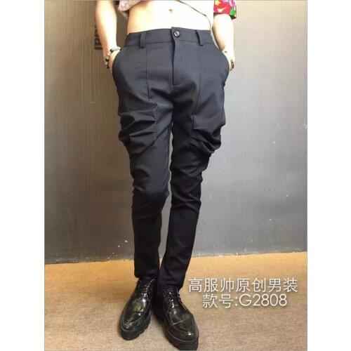 27-44 Men Harem Pants Fashion Casual Hairtylist Personality Fold Pencil Pants Plus Size Singer Ds Costumes Spring And Summer