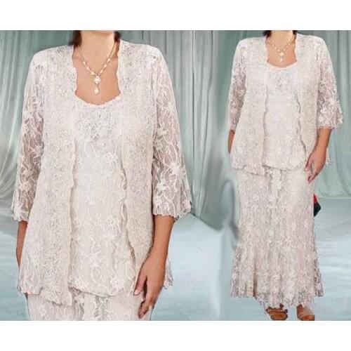 Elegant Ankle Length Lace Mother Of The Bride Dresses Sheath Mothers Formal Gowns Plus Size Mom Groom Dress Suit Plus Size