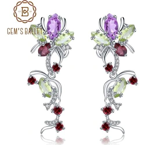 GEMS BALLET Flower Multicolor Natural Peridot Amethyst Garnet 925 Sterling Silver Vintage Drop Earrings Fine Jewelry for Women