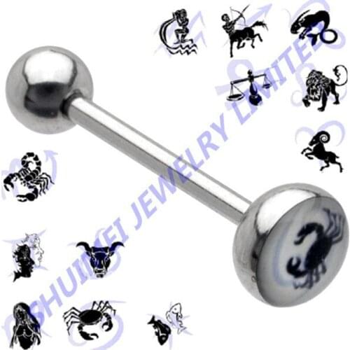 12Pcs Constellation Logo 316L Stainless Steel Tongue Barbell Ring Piercing Body Jewelry