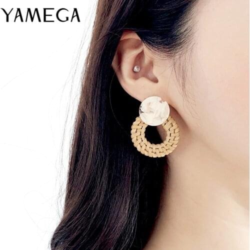 YAMEGA Hand Made Korean Rattan Earrings Unique Boho Wooden Geometric Acrylic Statement Drop Earrings Fashion Jewelry For Women