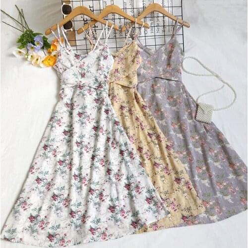 Summer Womens Party Dress Korean Holiday Style V-neck Print Lace-up Suspender Dress New Waist Female Dresses FC140