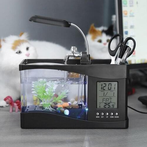 Mini Aquarium Fish Tank USB Desktop Aquarium with LED Light LCD Display Screen and Clock Fish Tank Decoration with Pebbles