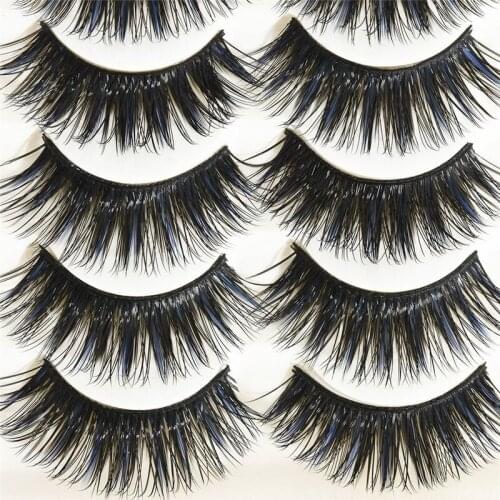 5 Pairs Mink False Eyelashes Blue & Black Color Natural Long Thick Cross Fake Eyelash Extension Handmade Curly Eye Lashes Makeup