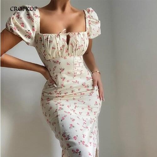 Summer Women Puff Sleeve Floral Midi Dress Vintage Sexy Backless Slit Lace-up Party Dresses Casual Plus Size Ladies Clothing