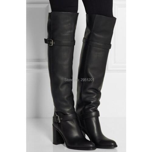 Leather Long Boots Sexy Woman Motorcycle Boot Belt Strap Over The Knee High Boots 7cm Chunky Heel Snow Shoes Big Size 43