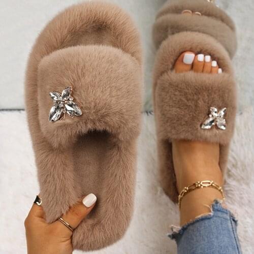 Fluffy Slippers Rhinestone Butterfly Faux Fur Slides Women Sandals Platform Flip Flops Crystal Indoor Slippers Luxury Flat Shoes