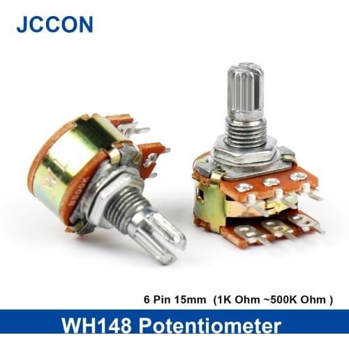 5Pcs WH148 1K 2K 5K 10K 20K 50K 100K 500K Ohm 6 Pin 15mm Shaft Amplifier Dual Stereo Potentiometer