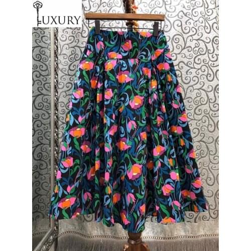 2020 Spring Summer 100%Cotton Style Skirt Women Colorful Flower Print Mid-Calf Length Casual Ball Gown Skirts Ladies