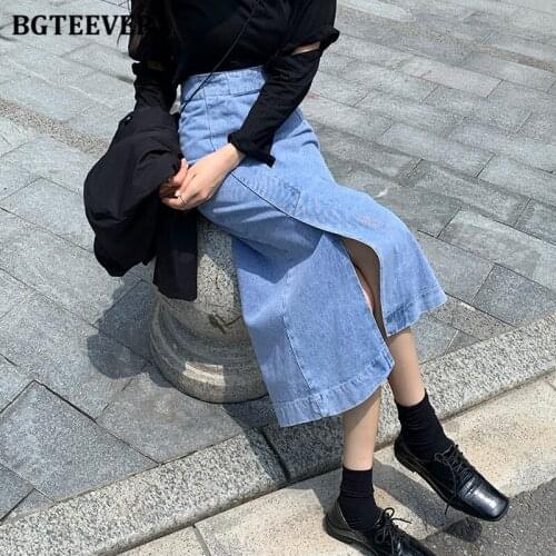 BGTEEVER Vintage Women Mid-length Denim Jeans Skirts 2021 Spring Summer Side Split Female Denim Skirts Casual Straight Skirts