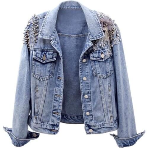 2020 Spring new fashion beaded embroidery slim denim jacket long-sleeved short jeans coat women