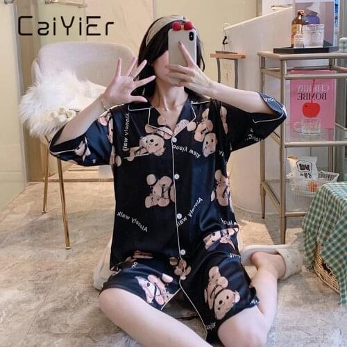 CAIYIER Women Night Skirt Summer Silk Sexy Leopard Grain Shirt Skirt Cute Cartoon Bear Print Lapels Sleepwear Plus Size M-3XL