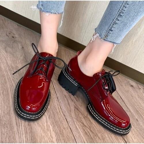 Patent Leather Women Leather Shoes Square Toe Lace Up Women Oxford shoes Square Heel Female Casual Brogues Shoes