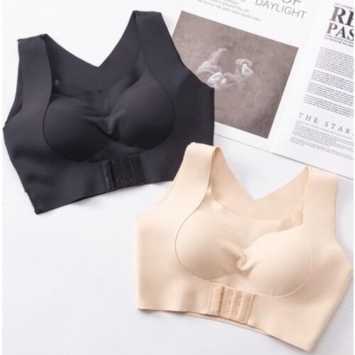 Women 2-In-1 Seamless Bra Underwear Front Buckle Push Up Bralette Criss Cross Back Wireless Posture Corrector Tank Top