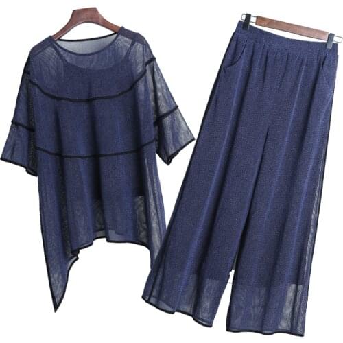 2019 Plus Size 5XL Chic Brief Wide Leg Pants Top&pants Set Pastel Batwing Sleeve 2 Piece Sets Fashion Tulle Womens Tracksuits