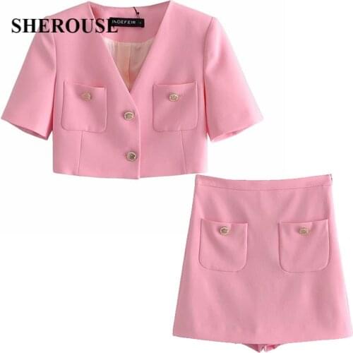 2021 New Summer Women Two Pieces Set Pocket Cropped Blazers and Shorts Suit Fashion Casual Chic Lady Outfits Women Suit