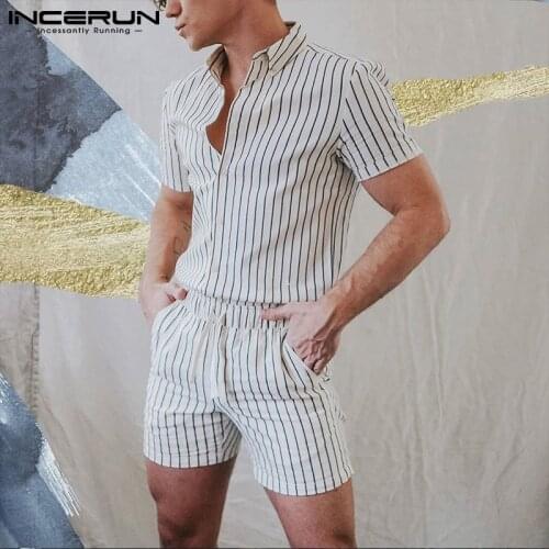2021 Striped Men Rompers Streetwear Casual Drawstring Jumpsuits Short Sleeve Button Stylish Men Overalls Playsuits S-5XL INCERUN