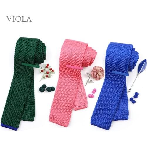 4 PCS Tie Set Solid Knit Brooch Clip Cufflinks Blue Pink Necktie Pin Men Wedding Party Daily Suit Gift Advanced Cravat Accessory