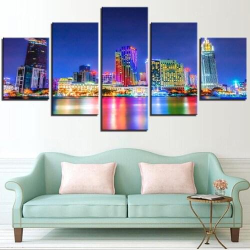 5 Pieces City Canvas Painting Landscape Posters Night View Scenery Picture Wallpapers For Home Room Decor Artwork Modular Frame