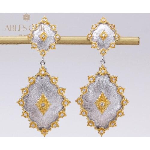 925 Sterling Silver Extremely Detailed Lace Diamond Zircon Paved Stars Drop Earrings Renaissance 18K Gold Tone Bridal Studs
