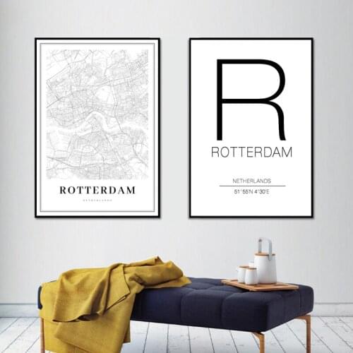 Abstract Rotterdam City Map Posters Netherlands Black White Prints Modern Art Canvas Painting Wall Art Pictures For Living Room
