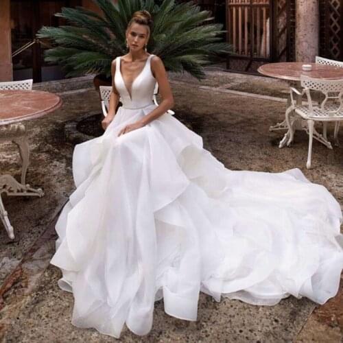 KapokDressy Satin Wedding Dresses A Line Tulle Tiered V Neck Wedding Gown Backless Beach Boho Bride Dresses Vestido de Noiva