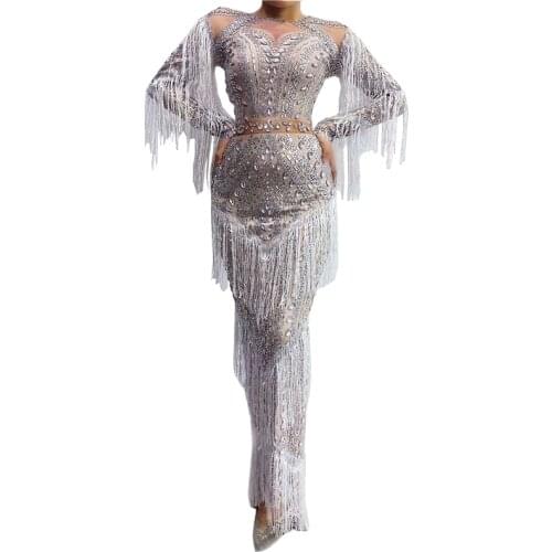 Shining Rhinestone Fringes Long Dress Long Sleeve Women Birthday Prom Celebrate PartyTassel Outfit Female Performance Stage Wear