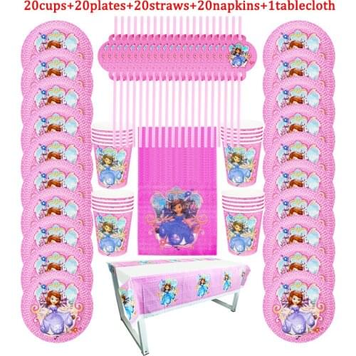 81Pcs Disney Sofia Theme Kids Girl Favor Birthday Party Paper Disposable Cup+Plate+Napkin+Straw+Tablecloth Decoration Supplies