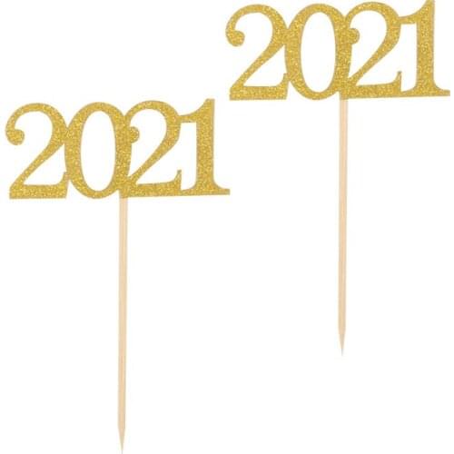 CYUAN 12pcs Gold Black Red Number 2021 Cupcake Toppers Happy New Year Cake Decorations For Christmas New Year Party Supplies