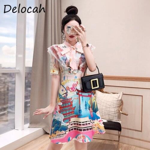 Delocah New 2021 Summer Women Fashion Runway Party Midi Dress Short Sleeve Gorgeous Lace Ruffles Vintage Printed A-Line Dresses