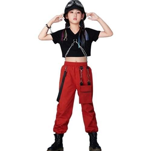 Children Cool Hip Hop Clothing Black Chain Crop Top T Shirt Streetwear Tactical Cargo Pants for Girls Jazz Dance Costume Clothes