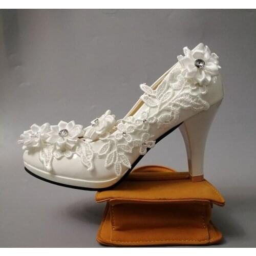 Lace flower white wedding pumps shoes for woman 9CM high heels platforms plus size bridal brides party dinner handmade shoes