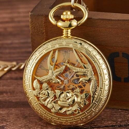 Retro Gold Skeleton Mechanical Pocket Watch for Men FOB Chain Stainless Steel Top Brand Luxury Watches