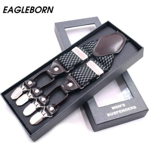 Fashion Suspenders leather alloy 6 clips Braces Male Vintage Casual suspensorio Trousers Strap Father/Husbands Gift 3.5*120cm