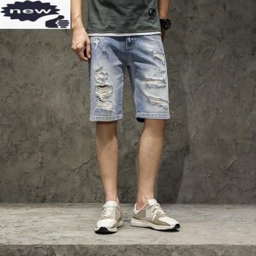 Mens Clothes Summer Casual Sweatpants Fashion Ripped Knee Length Denim Trousers Streetwear Distressed Men Straight Jean Shorts
