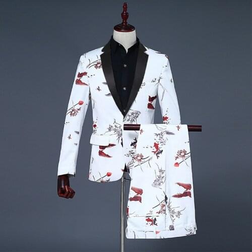 Mens Printed Groom Dress Suit Single Casual White Mens Suits with Pants Regular Single Breasted Skinny White Blazers