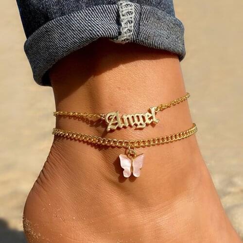 Fashion Pink Butterfly Anklets Set For 2021 Women Cute Gold Letter Angel ​Multi Layer Chain Ankle Bracelet Summer Beach Jewelry