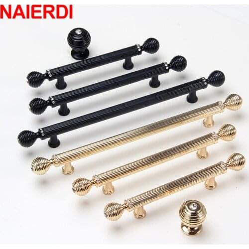 NAIERDI Zinc Alloy Gold Cabinet Handles Crystal Glass Knobs Black Kitchen Door Handle Drawer Cupboard Pulls Furniture Hardware