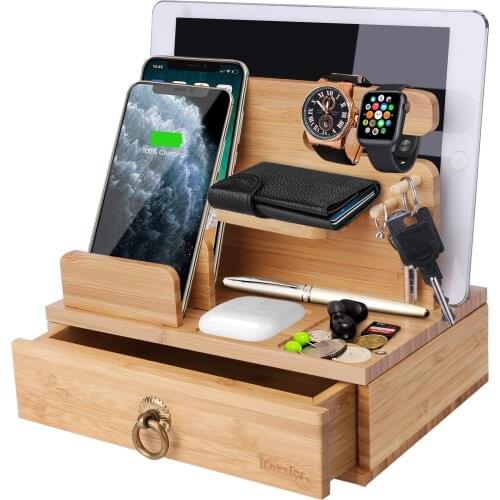 ICozzier Bamboo Multiple Device Desktop Charging Dock Station Organizer Key Holder with Drawer for i Watch,AirPods,iPad,Tablets