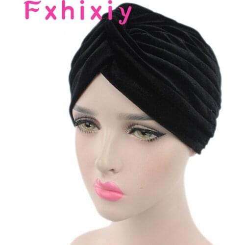 Women New Luxury Velvet Indian Hat Muslim Head Scarf Hats Hair Accessories Chemo Cap Ladies Headband Soft Turban Headwraps