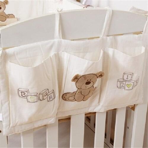Cute Cartoon Cotton Crib Organizer Baby Cot Bed Hanging Storage Bag Toy Diaper 3 Pocket for Newborn Crib Bedding Set Accessories