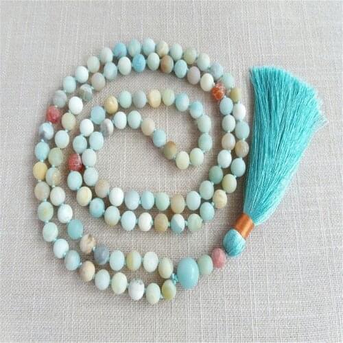 6mm Amazonite Gemstone Tassel 108 Bead Mala Necklace Chakra Tibetan Spirituality